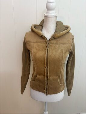Vintage Say What? Women's Hooded Teddy Sweater Jacket in Tan